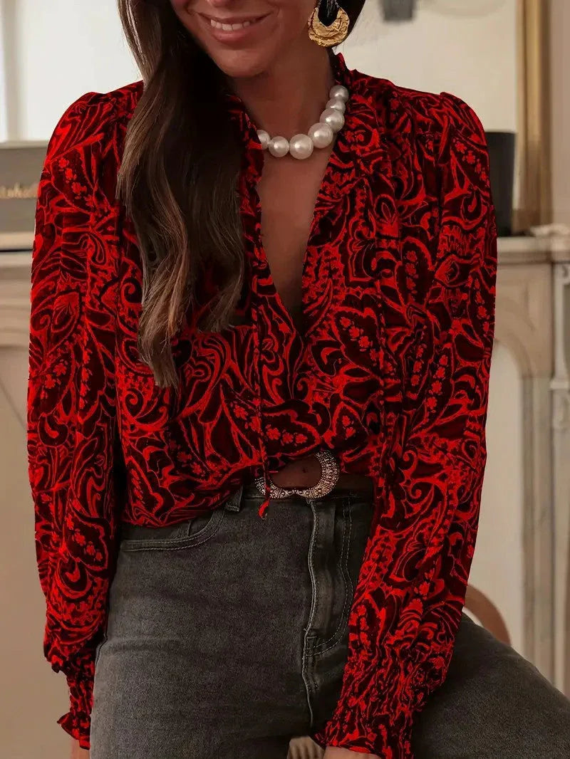 Retro Print Long Sleeve Loose-fitting Shirt for Women
