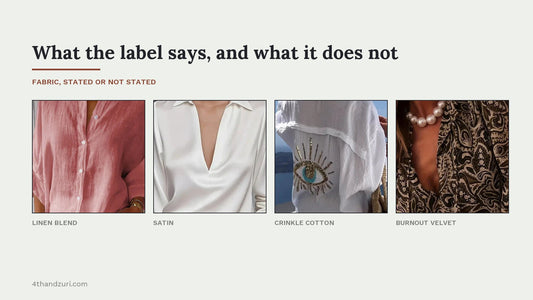 Four close-up crops of 4th & Zuri shirts side by side, labelled linen blend, satin, crinkle cotton and burnout velvet