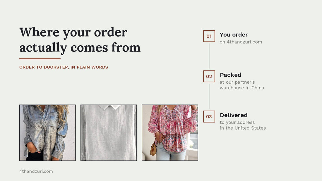 Three 4th & Zuri shirts beside a numbered three-step diagram: you order, packed at our partner's warehouse in China, delivered to your address in the United States