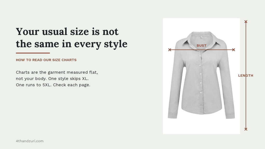 A 4th & Zuri shirt photographed flat with measurement lines drawn across the bust and down the length