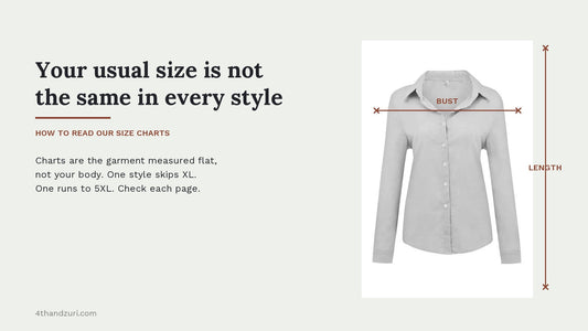 A 4th & Zuri shirt photographed flat with measurement lines drawn across the bust and down the length