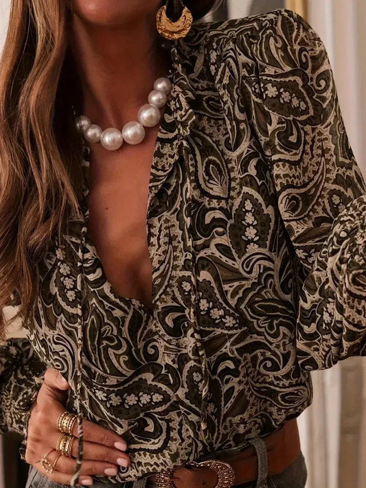 Retro Print Long Sleeve Loose-fitting Shirt for Women