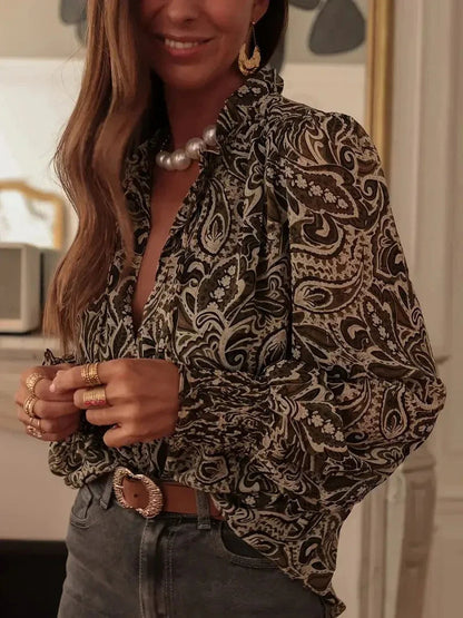 Retro Print Long Sleeve Loose-fitting Shirt for Women