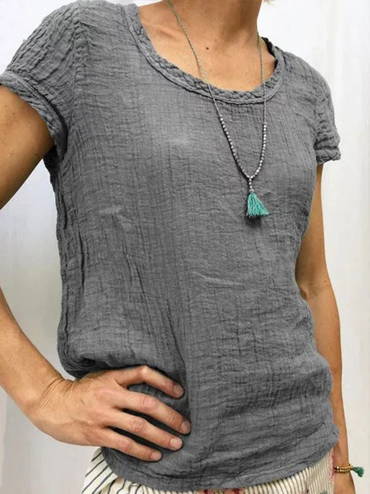 Vintag Reound Neck Cotton and Linen Casual Shirt