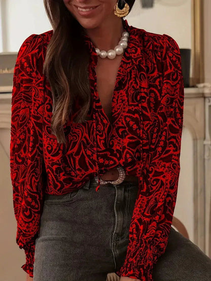 Retro Print Long Sleeve Loose-fitting Shirt for Women