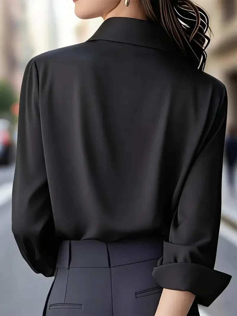 Solid color long-sleeved versatile shirt with lapel satin shirt