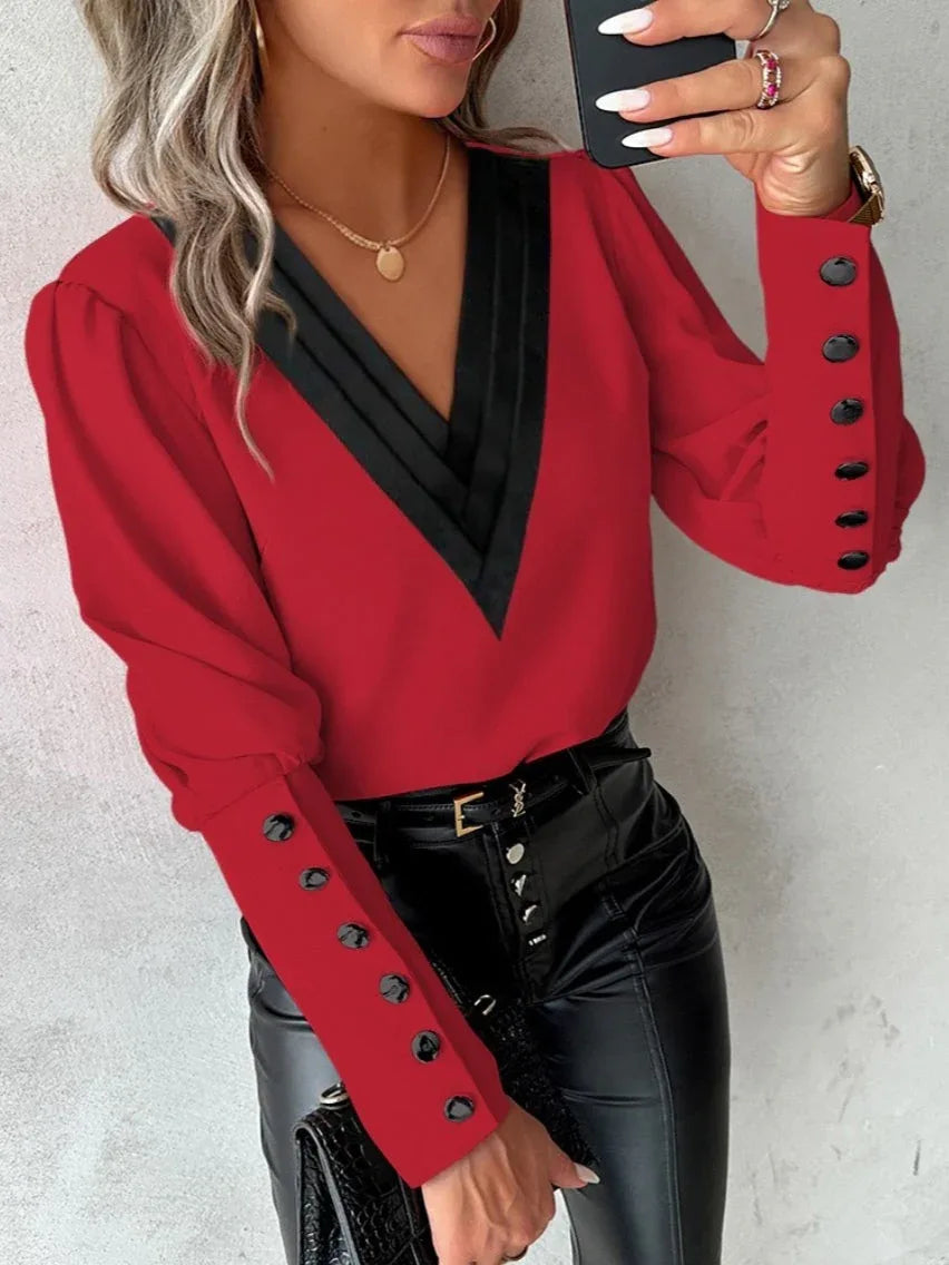Autumn Fashion V-neck Solid Color Long Sleeve Button-up Shirt