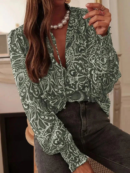 Retro Print Long Sleeve Loose-fitting Shirt for Women