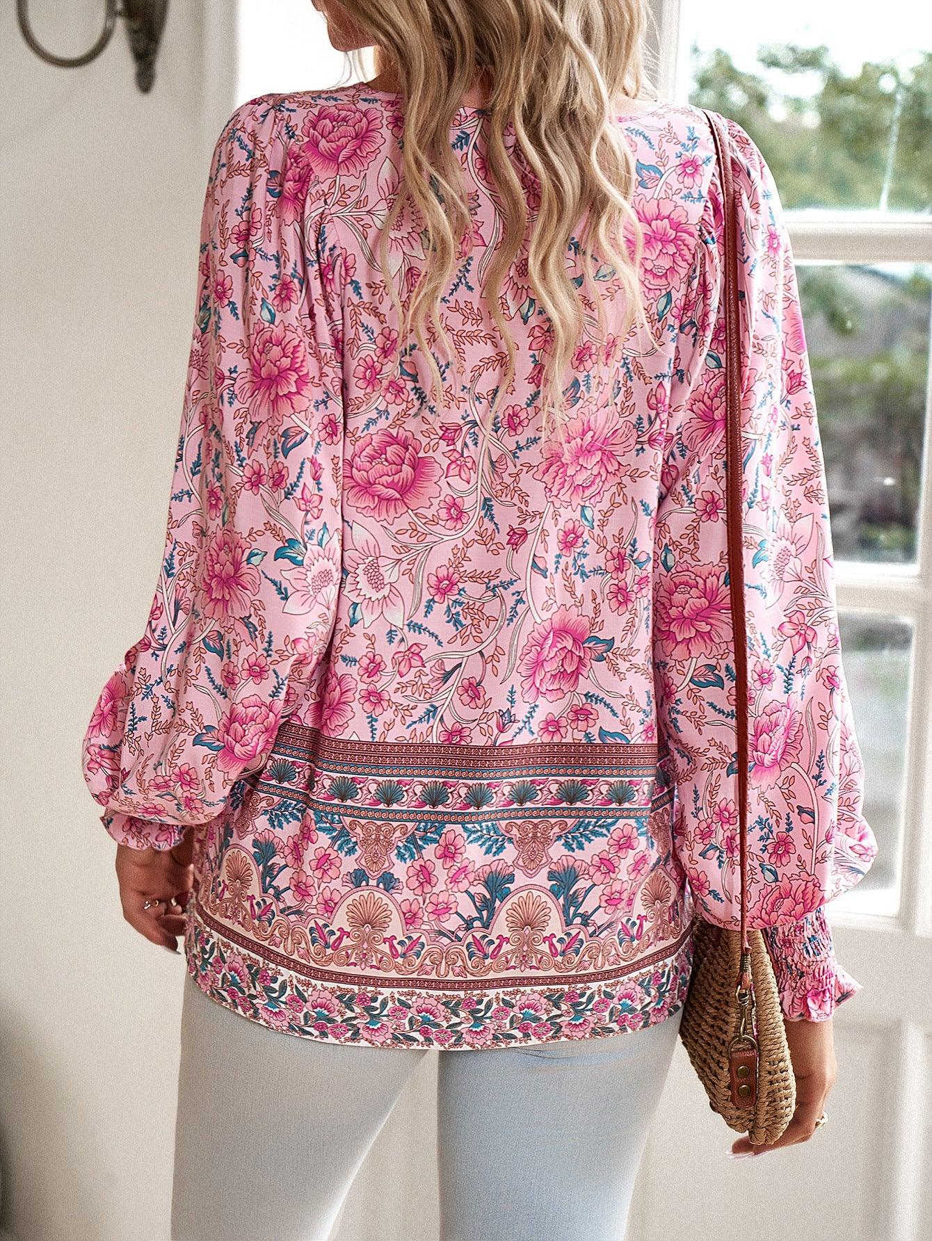 Holiday-style rayon printed lace-up long-sleeved shirt