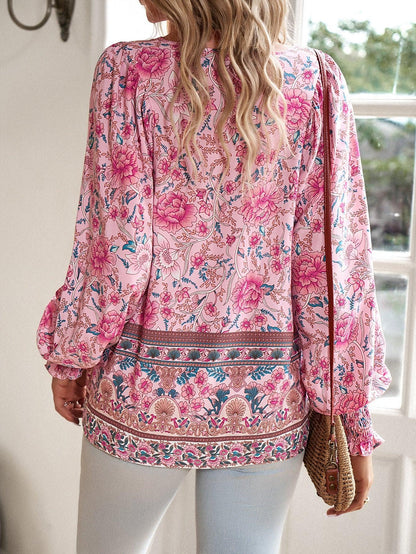 Holiday-style rayon printed lace-up long-sleeved shirt