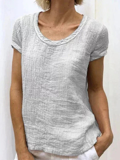 Vintag Reound Neck Cotton and Linen Casual Shirt