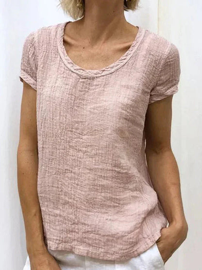 Vintag Reound Neck Cotton and Linen Casual Shirt