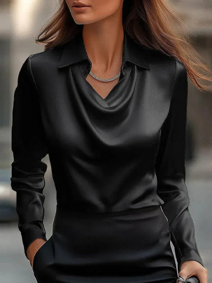Solid Satin Floral Print Simple Swing Collar Shirt Top