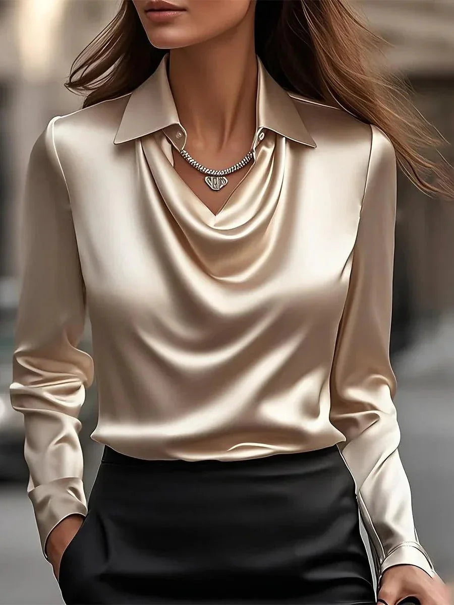 Solid Satin Floral Print Simple Swing Collar Shirt Top