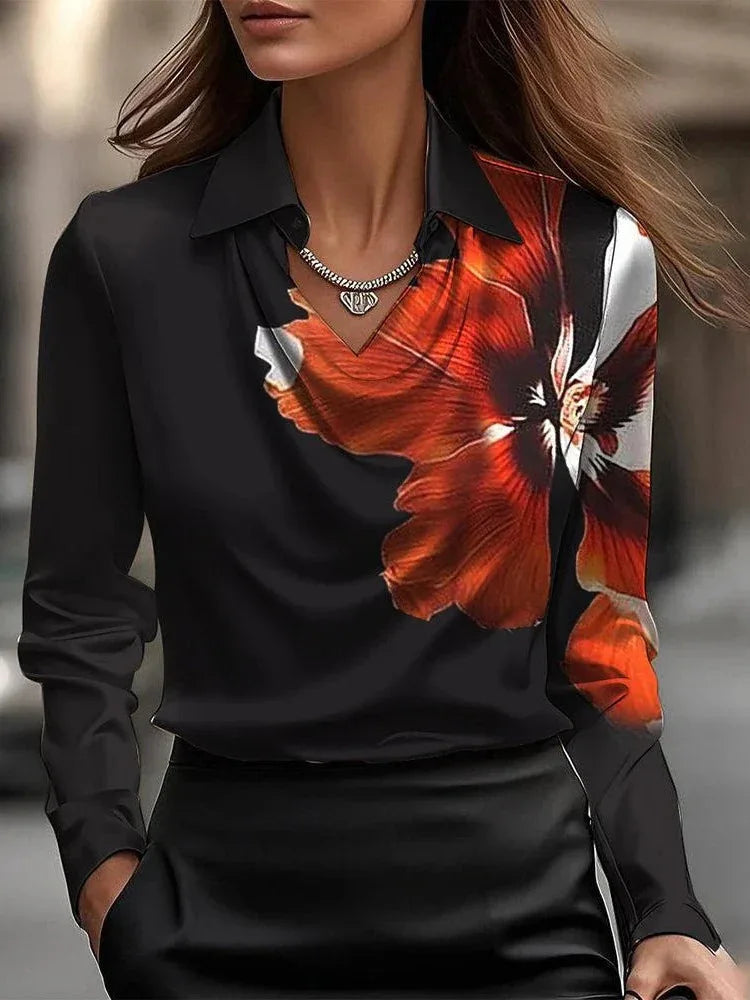 Solid Satin Floral Print Simple Swing Collar Shirt Top