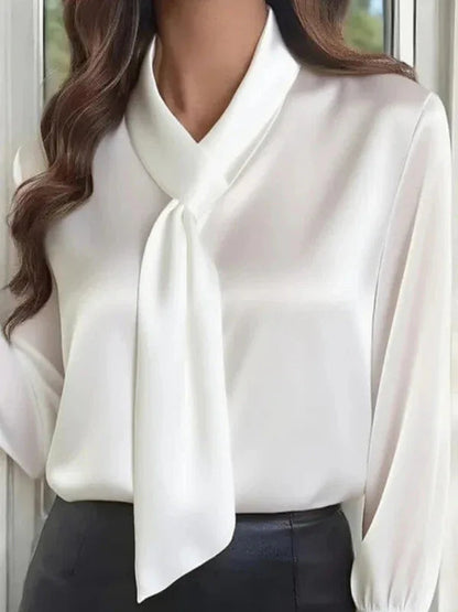 Solid Color Long-sleeved Bow Tie Casual Shirt