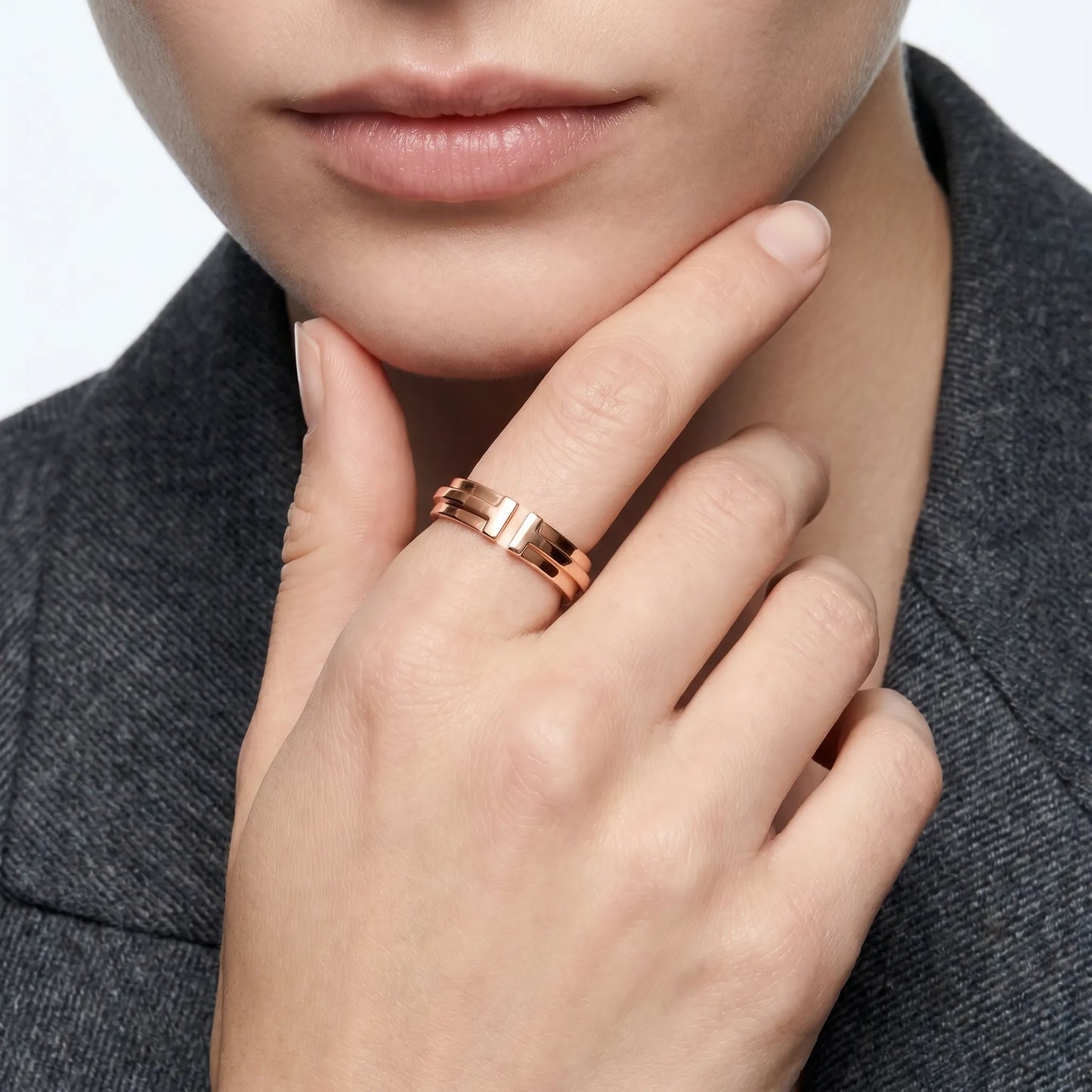 T Motif Grooved Band Ring