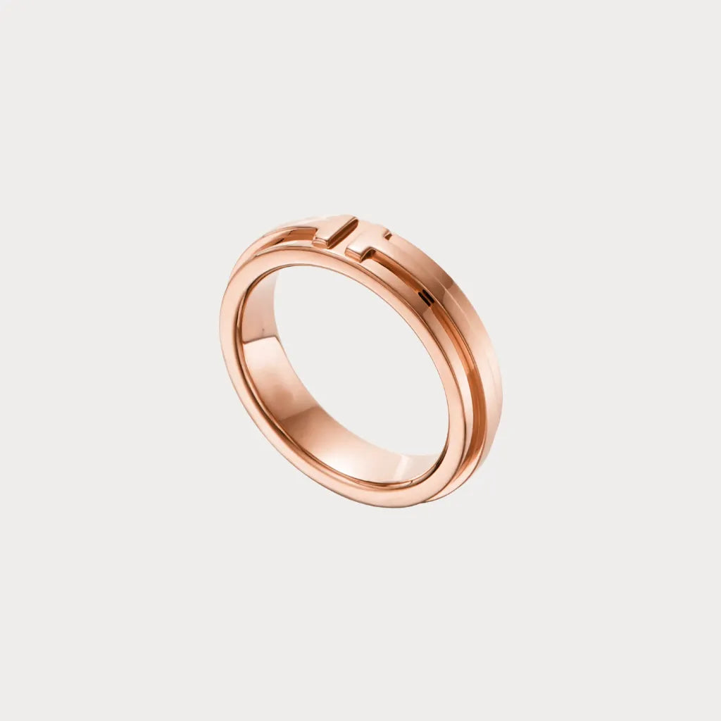 T Motif Grooved Band Ring