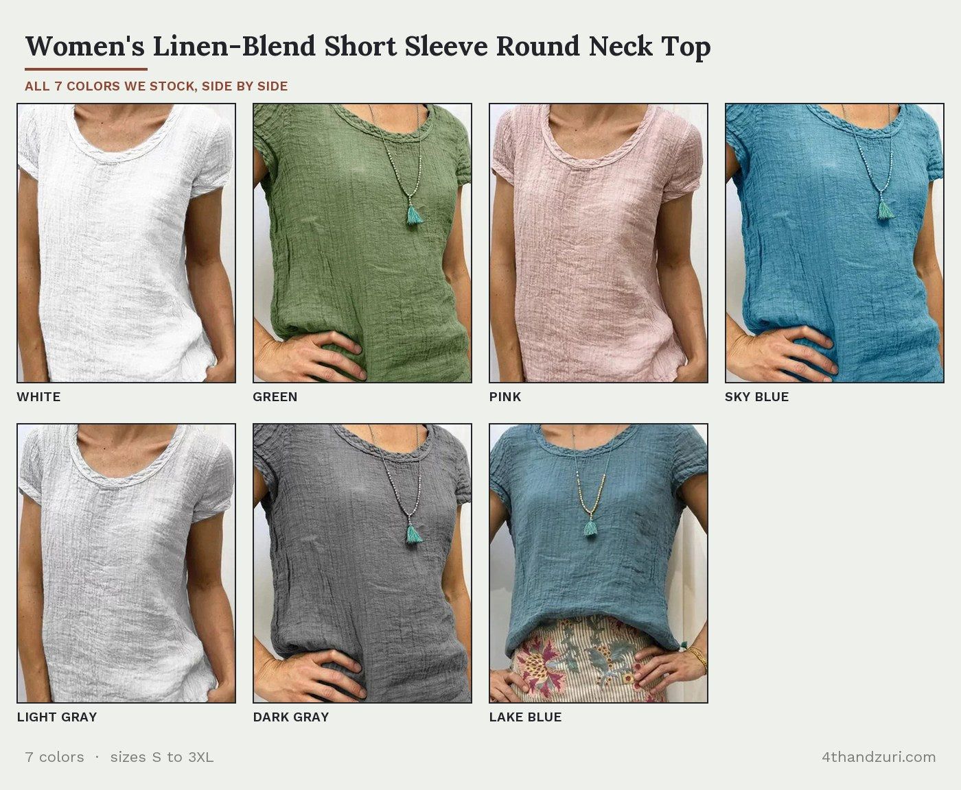 All 7 colors of the Women's Linen-Blend Short Sleeve Round Neck Top shown side by side: White, Green, Pink, Sky Blue, Light Gray, Dark Gray, Lake Blue.
