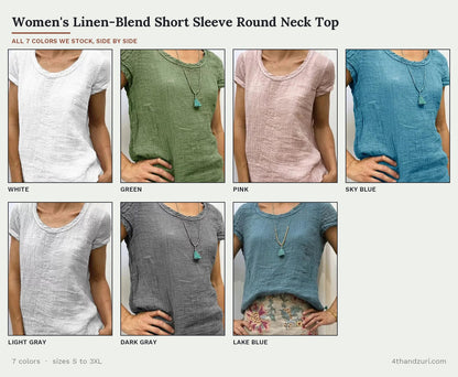 All 7 colors of the Women's Linen-Blend Short Sleeve Round Neck Top shown side by side: White, Green, Pink, Sky Blue, Light Gray, Dark Gray, Lake Blue.